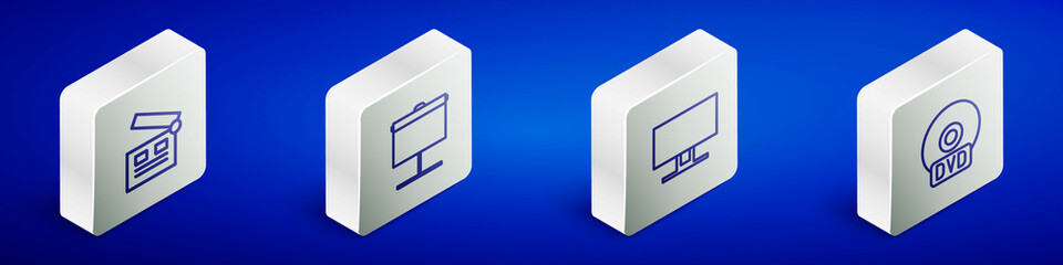 Set Isometric line Movie clapper, Projection screen, Smart Tv and CD or DVD disk icon. Vector