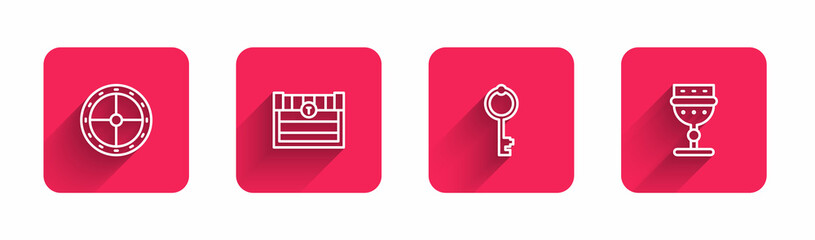 Set line Round wooden shield, Antique treasure chest, Old key and Medieval goblet with long shadow. Red square button. Vector
