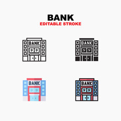 Outline, glyph solid black, flat color and filled outline color, icon symbol set, Bank building concept, Isolated vector design, editable stroke