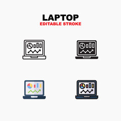 Outline, glyph solid black, flat color and filled outline color, icon symbol set, laptop with infographic concept, Isolated vector design, editable stroke