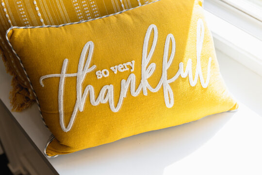 Yellow Pillow Decor With Thankful And Positive Message