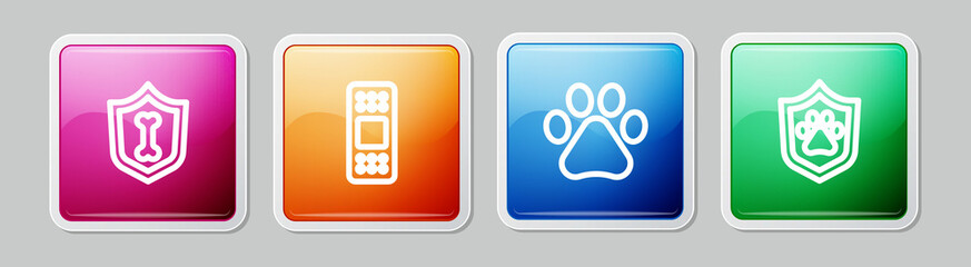 Set line Animal health insurance, Bandage plaster, Paw print and . Colorful square button. Vector