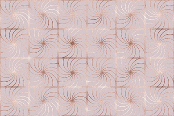 Geometric seamless pattern with rose gold square swirled tiles.