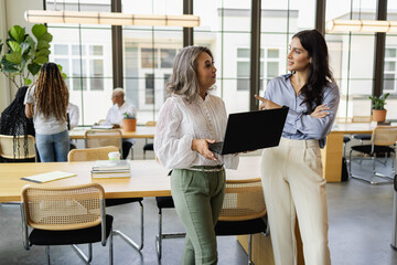 Professional businesswomen using laptop, mentoring colleague, Middle Eastern and Chinese