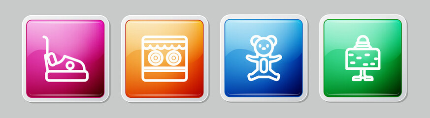 Set line Bumper car, Shooting gallery, Teddy bear plush toy and Magic ball on table. Colorful square button. Vector