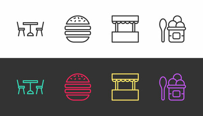 Set line Picnic table with chairs, Burger, Ticket box office and Ice cream in bowl on black and white. Vector