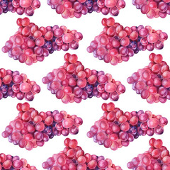 Seamless pattern watercolor hand-drawn purple and red grape isolated on white background. Summer autumn sweet food berries. Cute dessert. Creative art for menu, cafe, wrapping, sketchbook