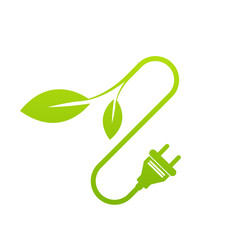 electric plug with green leaves. Green renewable innovative energy concept. Isolated illustration