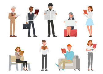 Set of business people reading books character vector design.