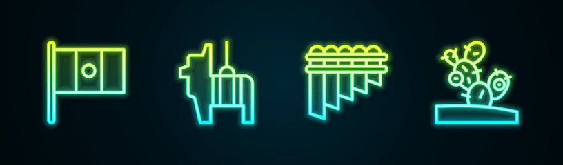 Set line Mexico flag, Pinata, Pan flute and Cactus. Glowing neon icon. Vector