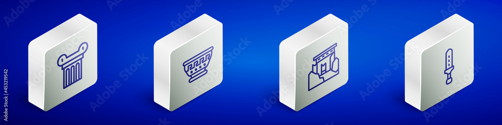 Sticker Set Isometric line Ancient column, Greek ancient bowl, ruins and Medieval sword icon. Vector