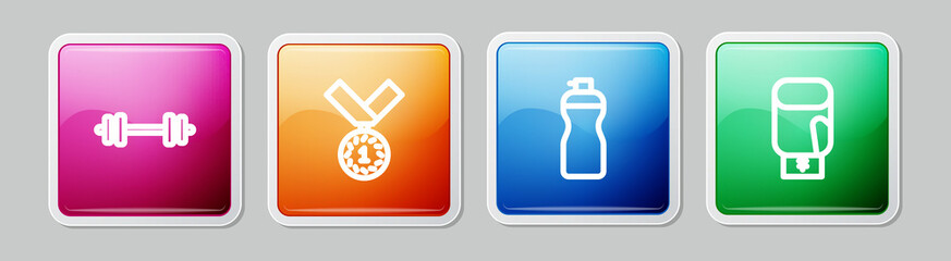 Set line Barbell, Medal, Fitness shaker and Boxing glove. Colorful square button. Vector
