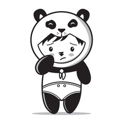 Cute and Adorable Panda Mascot Cartoon Illustration in black and white