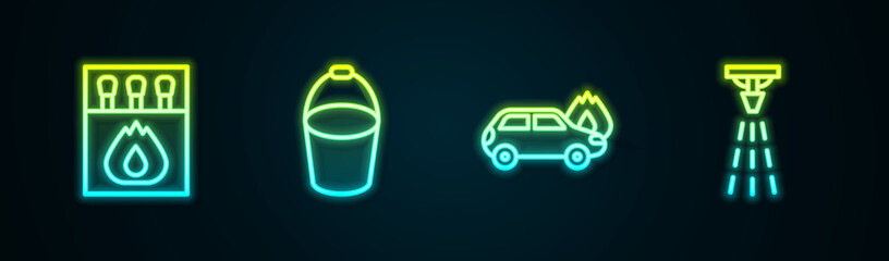 Set line Matchbox and matches, Fire bucket, Burning car and sprinkler. Glowing neon icon. Vector