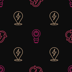 Set line Battery with recycle, Lightning bolt and bulb lightning on seamless pattern. Vector