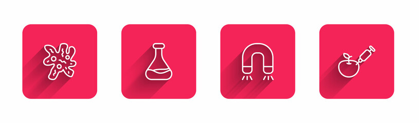 Set line Cell, Test tube and flask, Magnet and Genetically modified apple with long shadow. Red square button. Vector