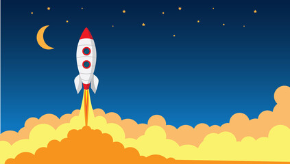Rocket spaceship flying straight up to the space vector illustration. In the night sky go through the clouds.