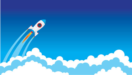 Naklejka na ściany i meble Rocket spaceship flying up to the space vector illustration. In the blue sky go through the clouds.