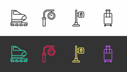 Set line High-speed train, Train station clock, Cafe and restaurant location and Suitcase on black and white. Vector