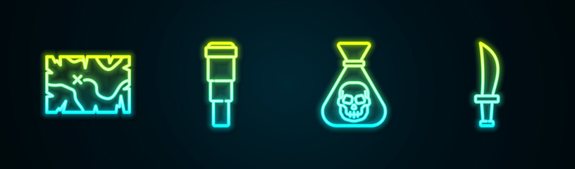 Set line Pirate treasure map, Spyglass telescope lens, coin and sword. Glowing neon icon. Vector