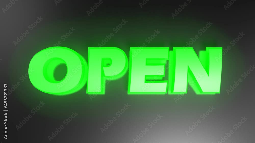 Poster open write in green lilghted letters passing from right to left, over a black glossy background - 3d
