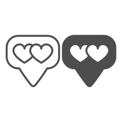 Dialogue box, speech bubble and two hearts line and solid icon, dating concept, messege with hearts vector sign on white background, outline style icon for mobile concept and web design. Vector 