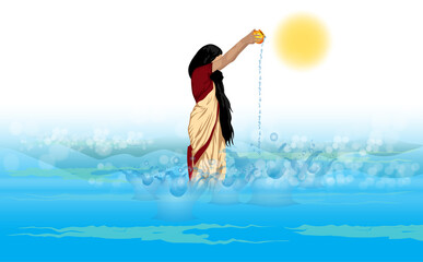 illustration of Happy Chhath Puja background with sun and river.