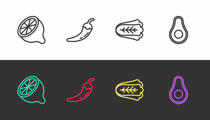 Fototapeta premium Set line Lemon, Hot chili pepper pod, Cabbage and Avocado fruit on black and white. Vector