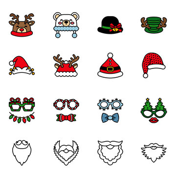 Christmas carnivals caps icon set 2. Santa Claus hat set isolated. Colored Line Style Stroke vector.