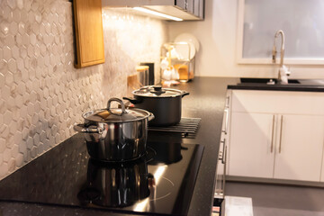View of a traditional kitchen with a microwave oven table and cabinets.modern kitchen with nice cabinet