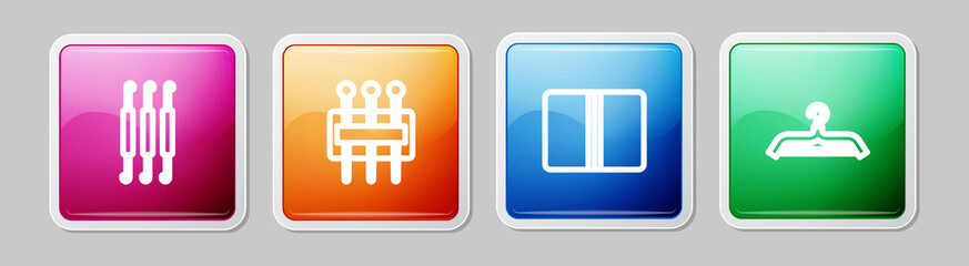 Set line Crochet hook, Needle for sewing, Textile fabric roll and Hanger wardrobe. Colorful square button. Vector