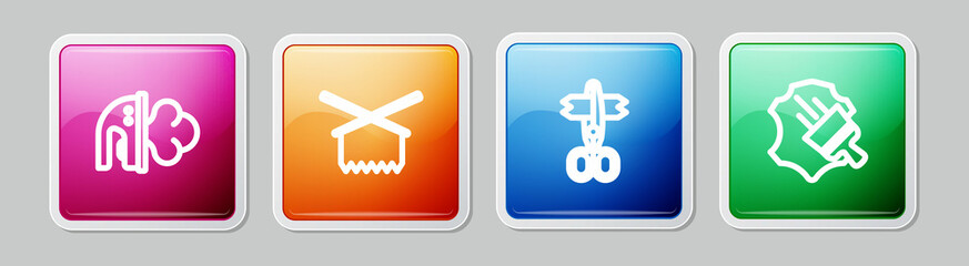 Obraz premium Set line Electric iron, Knitting needles, Scissors and Leather. Colorful square button. Vector