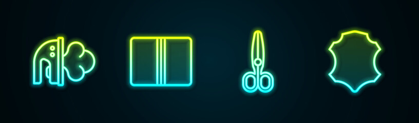 Set line Electric iron, Textile fabric roll, Scissors and Leather. Glowing neon icon. Vector