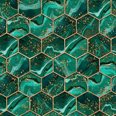 Malachite hexagon seamless texture with gold glitter. Abstract background