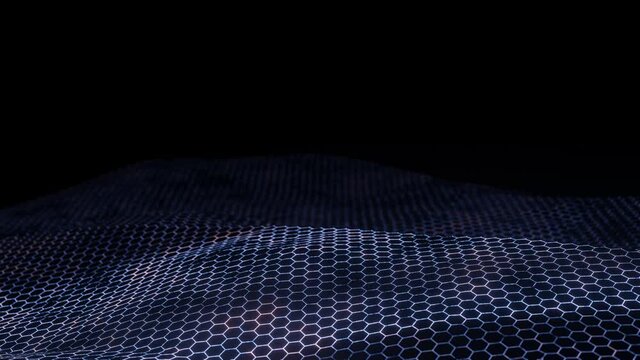 Futuristic  hexagon shape geometry in wavy smooth seamless animation on dark with dim light background. Flow particles landscape. For cyber technology, sound visualization, big data