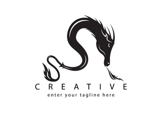 Fototapeta premium Black dragon logo design template, coiled dragon head icon, isolated on white background