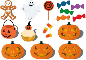 Halloween pumpkins, sweets and items collection vector illustration