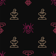 Set line Tombstone with cross, Witch and Spider on seamless pattern. Vector