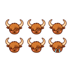 A collection of cute yak emoticons with different expressions. Funny yak emoji face. Simple cartoon illustration.