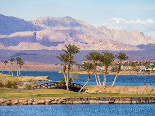 Sunny view of the lake landscape of Lake Las Vegas