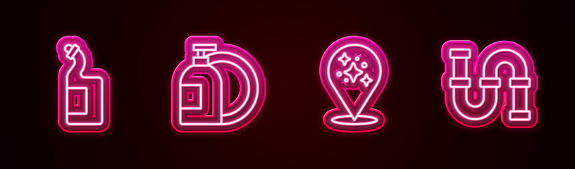 Set line Dishwashing liquid bottle, , Home cleaning service and Industry metallic pipe. Glowing neon icon. Vector