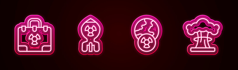 Set line Radiation nuclear suitcase, Nuclear bomb, Planet earth and radiation and explosion. Glowing neon icon. Vector