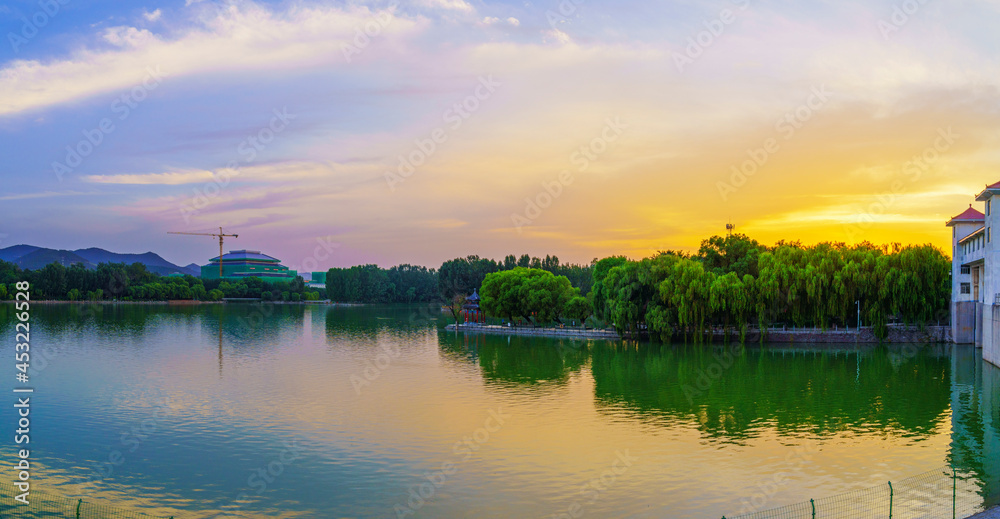 Poster colorful evening sunset glow on nanyang lake in qingzhou, shandong province, china