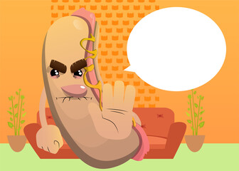 Hot Dog showing deny or refuse hand gesture. American fast food as a cartoon character with face.