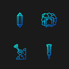 Set line Construction jackhammer, Shovel and stone, Gem and Mine entrance. Gradient color icons. Vector