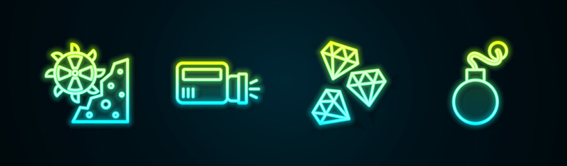 Set line Bucket wheel excavator, Flashlight, Gem stone and Bomb. Glowing neon icon. Vector