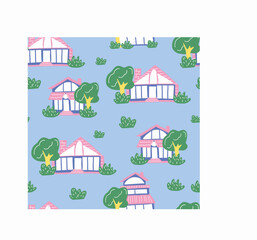 Pattern with houses and trees on a blue background