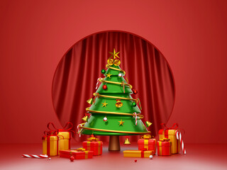 Scene of Christmas tree and gift box with red curtain background