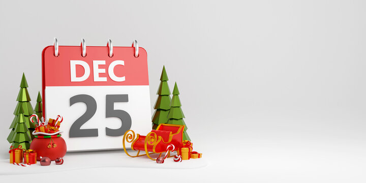 Christmas banner of calendar Christmas day with decoration, 3d illustration