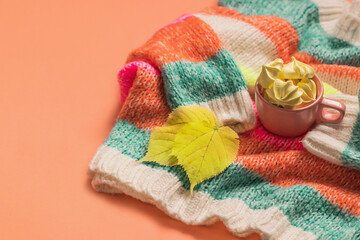 Airy pink marshmallows in a cup on a knitted multicolored sweater with autumn leaves. Rainbow colors, copy space.